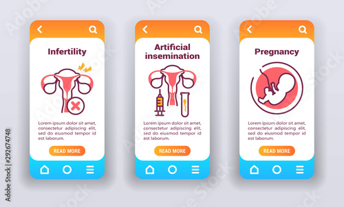 Female reproductive system on mobile app onboarding screens.