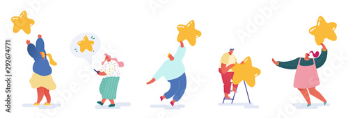 Landing Page, web design, banner with Woman leaving best review. Customer experience or satisfaction, positive feedback, five star rating, product or service review and evaluation. Vector illustration