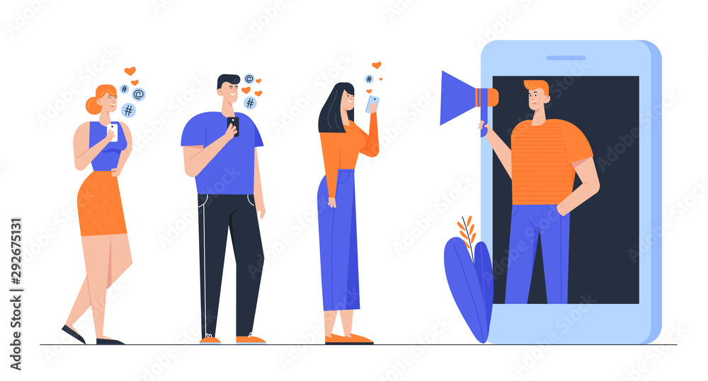 Influencer Marketing Social Media or Network Promotion, Smm Blogging Concept. Man with Megaphone on Screen and Young People with Mobile Phones. Internet Advertisement Cartoon Flat Vector Illustration Influencer Marketing Social Media or Network Promotion, Smm Blogging Concept. Man with Megaphone on Screen and Young People with Mobile Phones. Internet Advertisement Cartoon Flat Vector Illustration