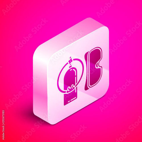 Isometric Diving mask and aqualung icon isolated on pink background. Oxygen tank for diver. Extreme sport. Sport equipment. Silver square button. Vector Illustration