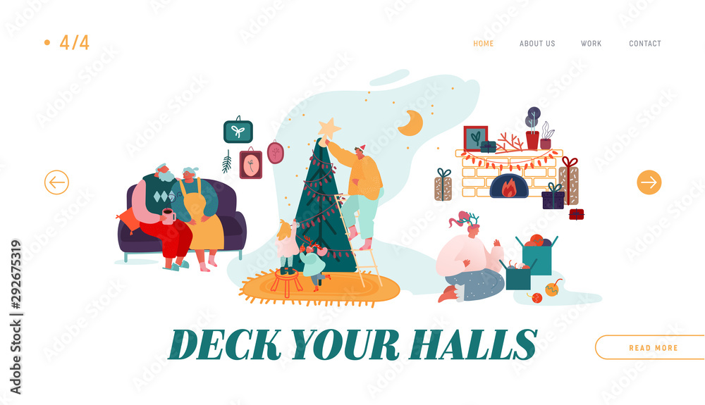 Winter Festive Season, Xmas Celebration Website Landing Page. Christmas Holidays Celebrating. People Characters, Decorate Home and Christmas Tree, giving presents Web Page Banner. Vector Illustration