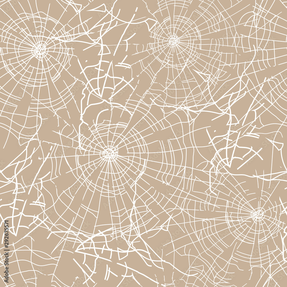Seamless textile pattern. Halloween ornament of white spider web on a beige background for fabric, tile, paper.
