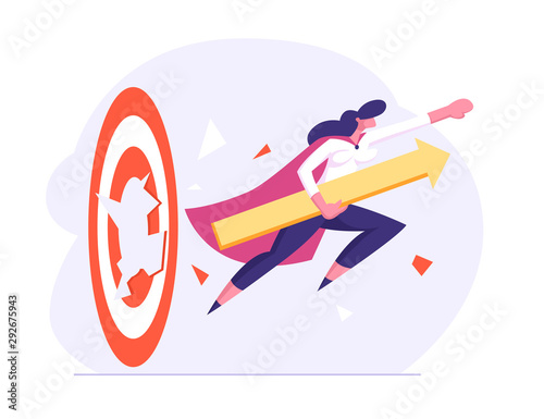 Start Up, Investments Growth and Working Success. Businesswoman in Super Hero Cloak with Arrow in Hand Breaking Huge Target Hitting Barrier for Career Goal Achievement Cartoon Flat Vector Illustration