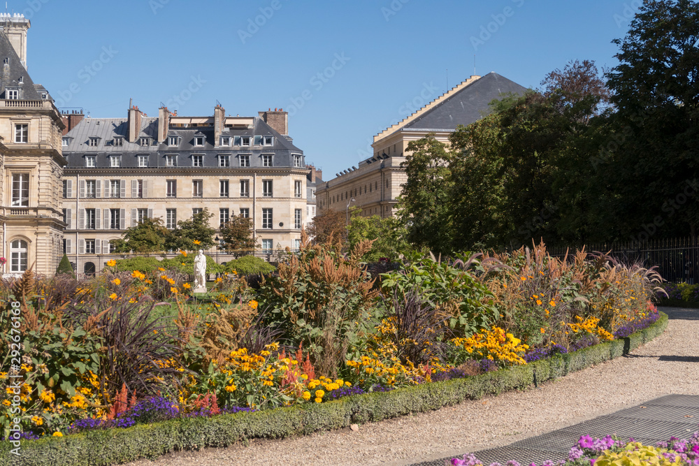 Paris, France - Sept 04, 2019: Luxembourg Palace with flowers. Paris, France.