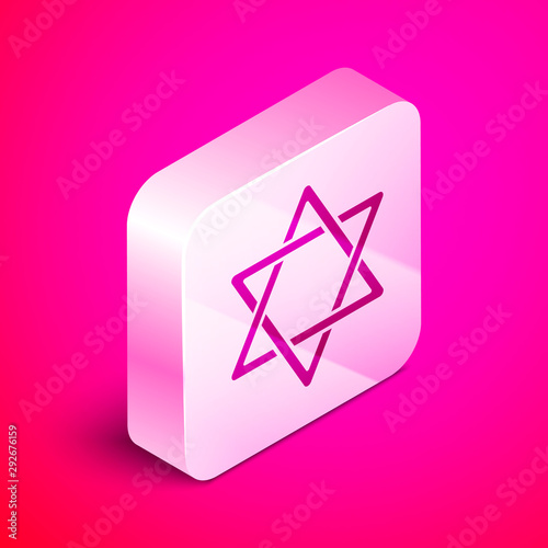 Isometric Star of David icon isolated on pink background. Jewish religion symbol. Symbol of Israel. Silver square button. Vector Illustration
