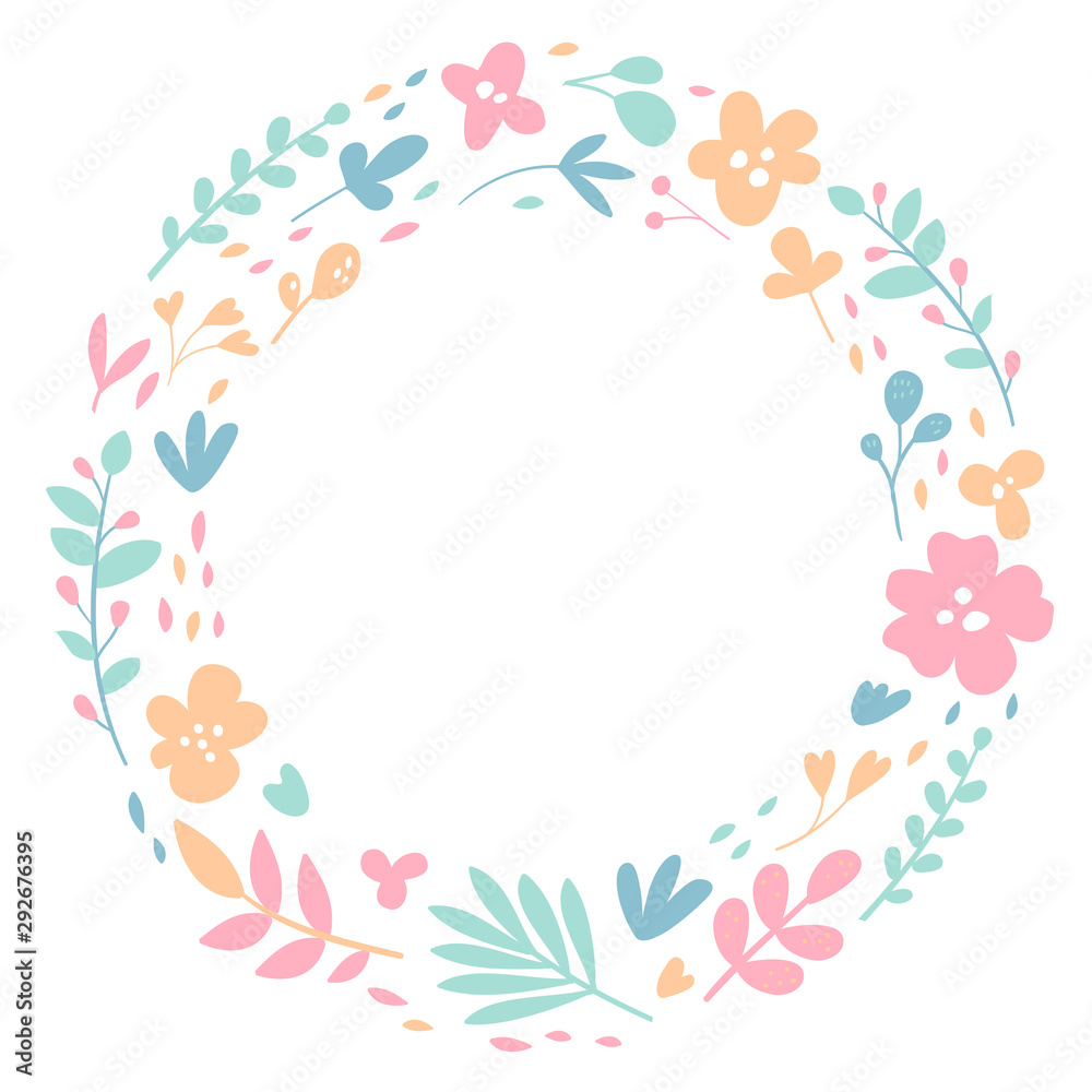 Round flowers and plants frame. Flat design. Place for your text. Flower crown. White background isolated. Botany, leaves, floral