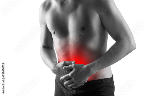 Man with abdominal pain, stomach ache isolated on white background