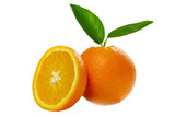Orange with orange slices and leaves isolated on white background.