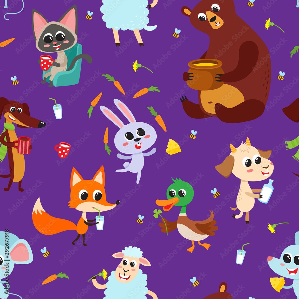 Obraz premium Cute adorable animals character eating different food.