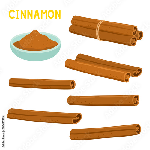 Cinnamon sticks and ground cinnamon isolated on white background.
