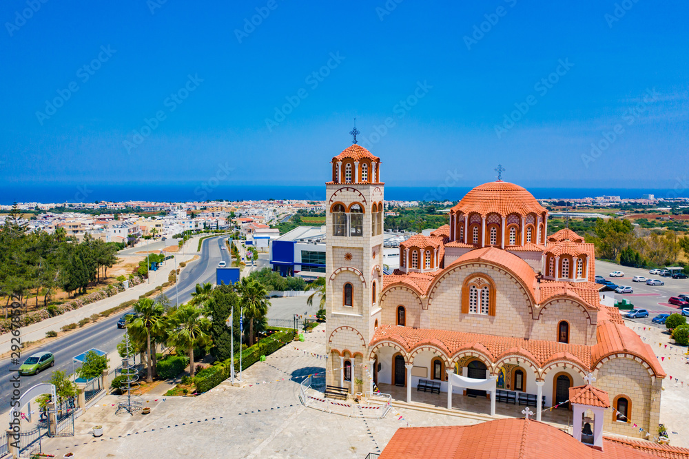 Cyprus. View of Protaras from a height. St. Barbara's Church. Paralimni. Cypriot temples. Mediterranean architecture. Iconic tourist attractions of Cyprus. Trip to Protaras.