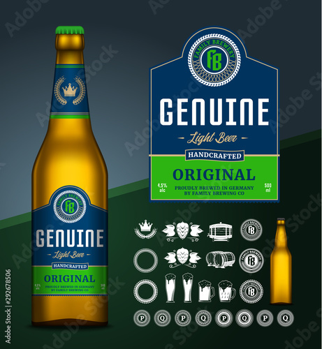 Vector beer label. Glass bottle mockup. Beer icons, badges, insignia