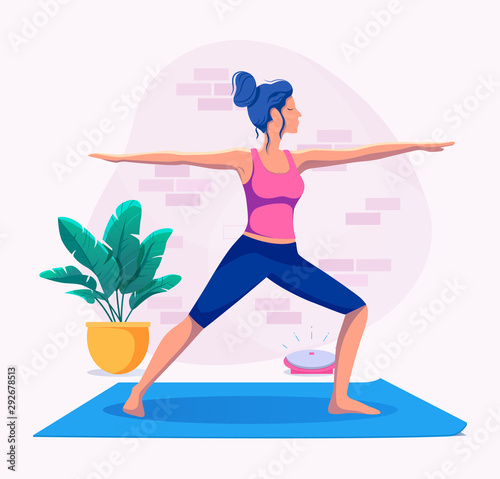 Woman doing yoga at home vector illustration. Healthy lifestyle.