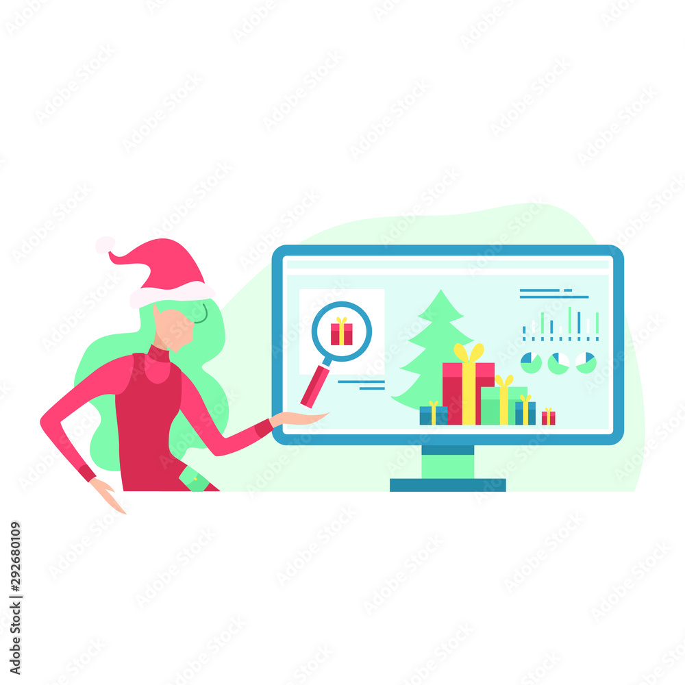 Elf girl orders gifts for the new year 2020 in the online store. Vector flat illustration isolated on white background. Elf girl orders gifts for the new year 2020 in the online store. Vector flat illustration isolated on white background.
