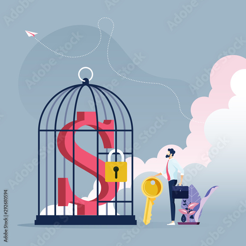 Businessman with key to unlock dollar sign in a bird cage-Business concept