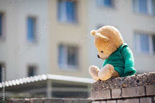 Abandoned teddy bear. Once favorite toy, now alone with no children to play with.