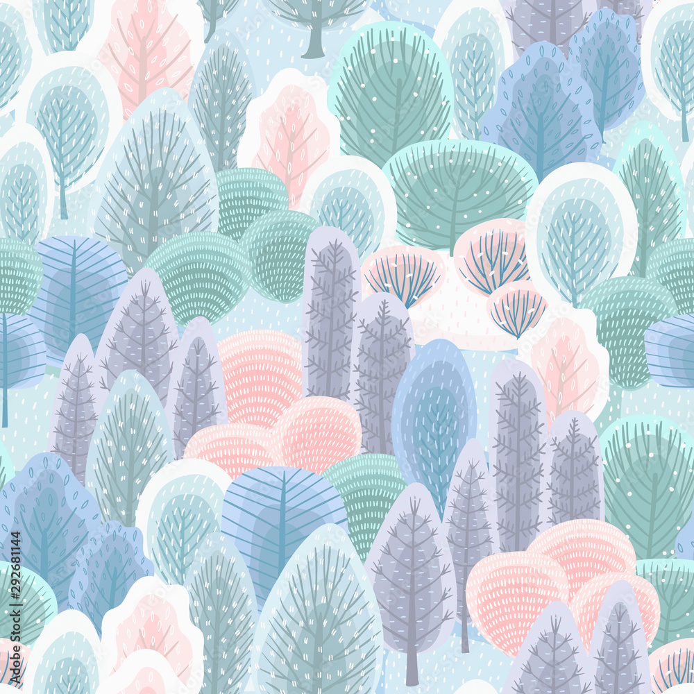 Abstract seamless pattern with winter forest. Vector background