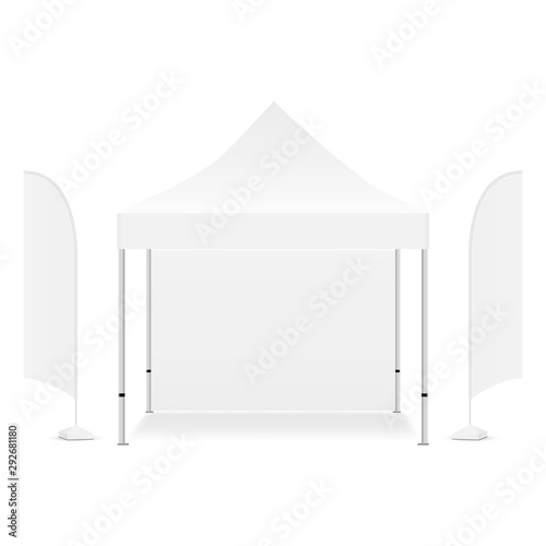 Square promotional canopy tent with two advertising flags, isolated on white background. Vector illustration