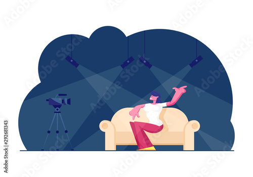 Woman Celebrity Sitting on Couch in Broadcasting Studio with Light Equipment for Giving Interview on Television Entertainment Program. Tv Night Show with Girl Guest. Cartoon Flat Vector Illustration