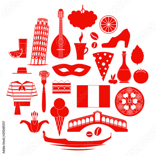 Silhouettes symbols of Italy. A set of stencils isolated on a white background. Vector illustration on the theme of travel in the Italy. Collection of design elements.