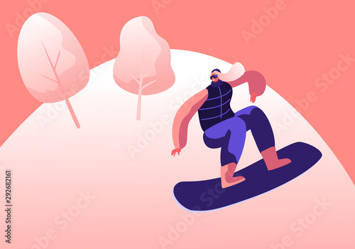 Wintertime Activity and Extreme Outdoors Snowboarding Sport. Young Woman in Warm Sportive Costume Making Stunt Jumping with Snowboard. Sportswoman Training or Relaxing Cartoon Flat Vector Illustration