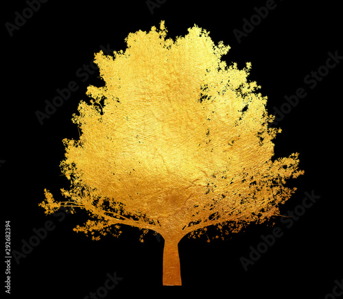 Golden tree with leaves isolated on black background.