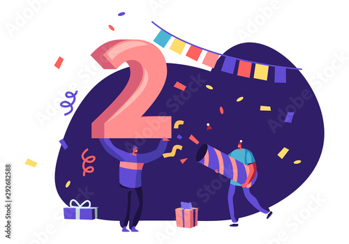 2020 Office or Home Party Celebration Concept. Joyful Characters in Funny Hats Celebrating New Year. Man Holding Huge Number Two above Head, Friend Shoot with Flapper Cartoon Flat Vector Illustration