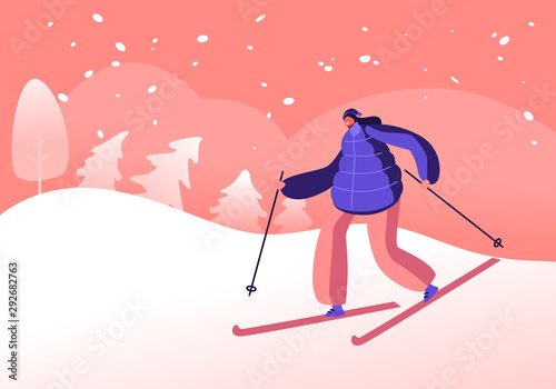 Winter Sports Activity and Sparetime. Young Woman Skiing in Mountains Resort or Public Park Area. Girl Riding Downhills by Skis Having Wintertime Fun and Leisure Time. Cartoon Flat Vector Illustration