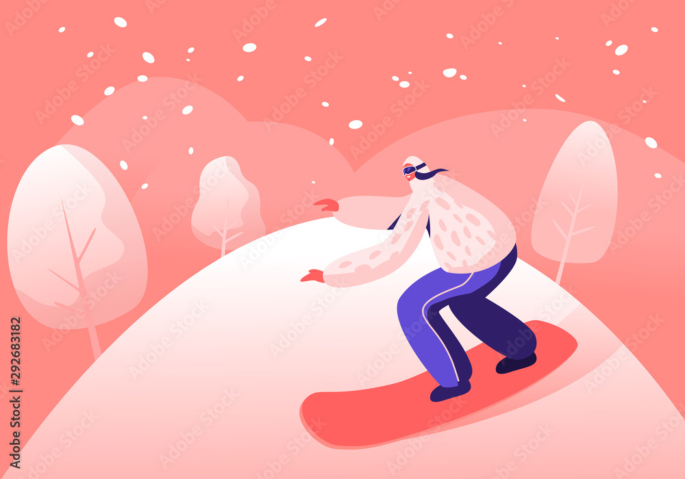 Fototapeta premium Winter Vacation Extreme Sports Activity and Entertainment. Sportswoman Dressed in Winter Clothes and Goggles Snowboarding and Making Stunts on Mountain Ski Resort. Cartoon Flat Vector Illustration