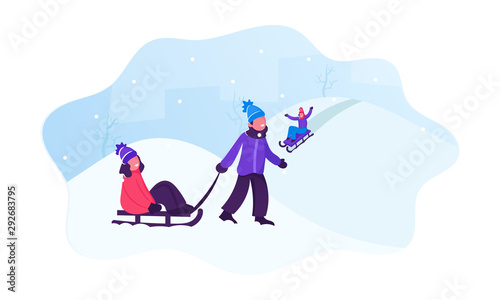 Happy Children Wintertime Activity. Little Kids Enjoying Sleds Riding in Winter Park with Snow Hills. Holidays Fun and Outdoors Walking Boy Pull Sled with Sitting Girl Cartoon Flat Vector Illustration