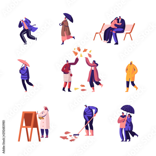 Autumn Season Set. People Walking in City Park Play with Fallen Leaves, Painter Drawing Picture, Young Couple Hugging on Bench, Man Raking Ground, Girl with Umbrella. Cartoon Flat Vector Illustration