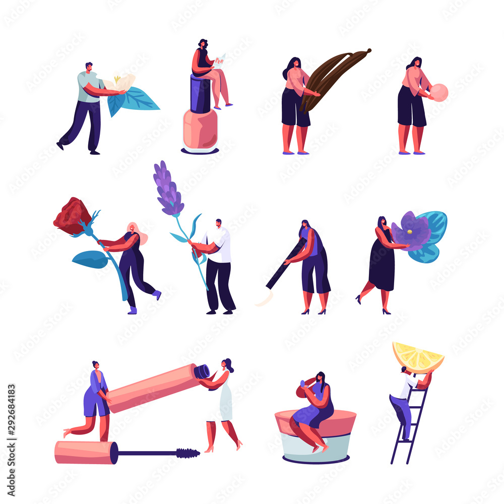 Cosmetics and Perfume Ingredients Set. Tiny Holding Items for Creating Scent Composition Rose, Violet Flowers and Vanilla Sticks. Mascara Cream Perfumery Nail Polish Cartoon Flat Vector Illustration