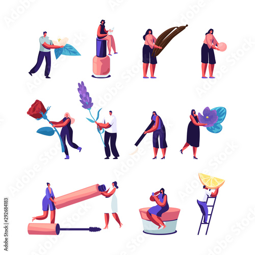 Cosmetics and Perfume Ingredients Set. Tiny Holding Items for Creating Scent Composition Rose, Violet Flowers and Vanilla Sticks. Mascara Cream Perfumery Nail Polish Cartoon Flat Vector Illustration