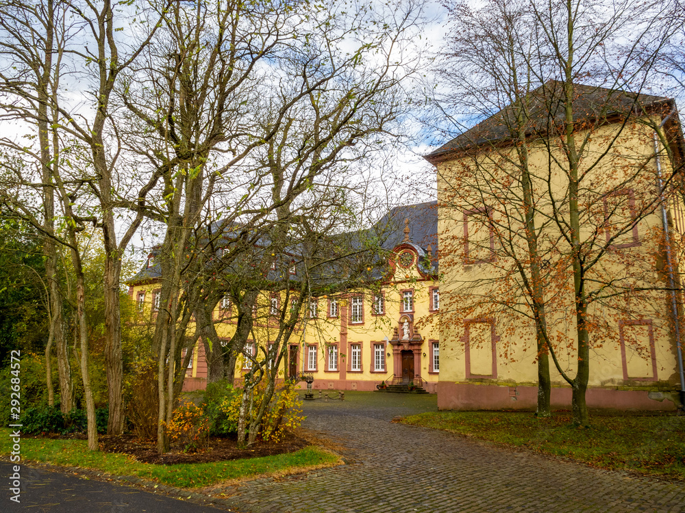 Steinfeld Abbey, former Premonstratensian monastery, now a Salvatorian convent in Steinfeld in Kall, North Rhine-Westphalia, Germany behind November leafless trees