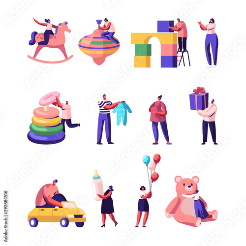 People with Kids Toys and Stuff Set. Tiny Male and Female Characters Holding Different Things for Children as Toys, Clothes. Baby Shower and Arrival, Childhood Concept Cartoon Flat Vector Illustration