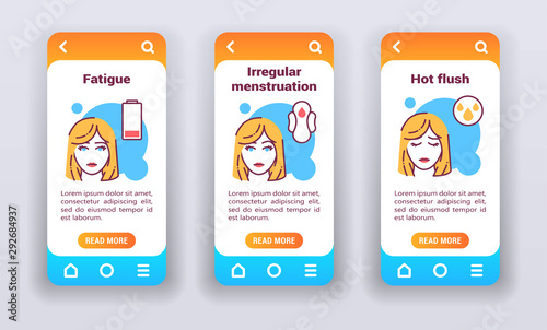 Menopausal symptoms on mobile app onboarding screens.