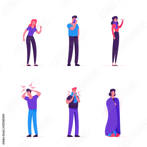 Sick Men and Women Set. People with Flue Symptoms. Illness and Health Care Concept. Diseased Characters Need Treatment of Cough and Fever, Virus Illness Diagnose. Cartoon Flat Vector Illustration