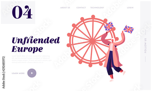 United Kingdom Politic Website Landing Page. Protester Against Brexit Holding British Flags in London as Brexit Crisis Deepens. Patriotic Motion Web Page Banner. Cartoon Flat Vector Illustration