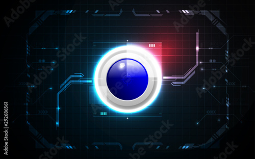 Realistic blue circle game button on abstract technology background