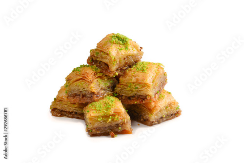 Pistachio baklava on a white background. Dessert. photo