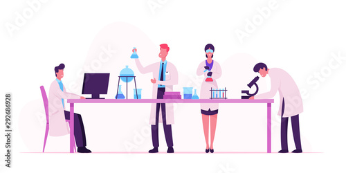 Chemistry, Pharmaceutical Concept. Scientists in Chemical Laboratory with Equipment as Computer, Microscope and Flasks. Science Research Investigation Process in Lab. Cartoon Flat Vector Illustration