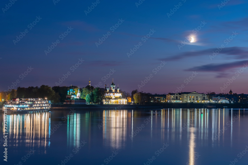 Picturesque view of town of Uglich from the Volga river. Golden Ring of Russia.