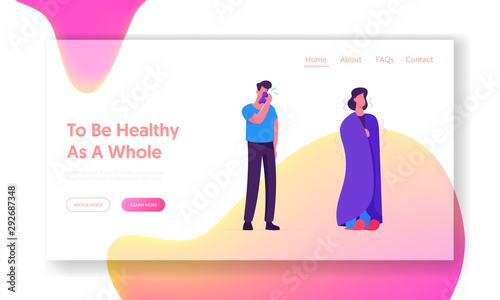 Diseased People Website Landing Page. Male and Female Character with Virus Infection Symptoms. Woman Wrapped in Blanket Have Fever. Man Blow his Nose Web Page Banner. Cartoon Flat Vector Illustration