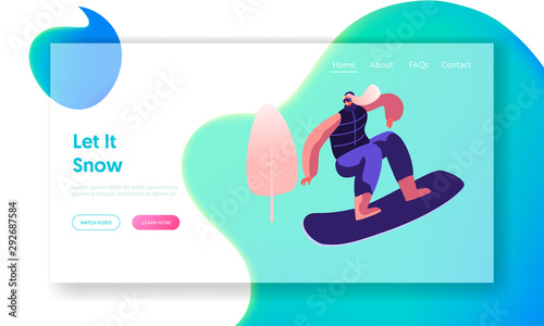 Wintertime Activity and Extreme Outdoors Snowboarding Sport Website Landing Page. Young Woman Jumping with Snowboard. Sportswoman Training or Relaxing Web Page Banner. Cartoon Flat Vector Illustration