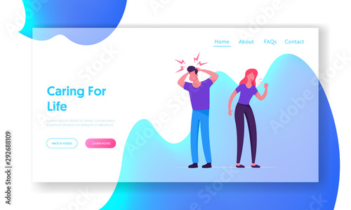 Sick People Need Medicine Help and Treatment Website Landing Page. Man Having Headache, Woman Coughing. Characters Have Virus Flu Disease and Illness Web Page Banner. Cartoon Flat Vector Illustration