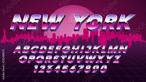 Retro futuristic latin font, letters and numbers metallic gradient effect, vector typeface for poster, print, web on the background new york skyline