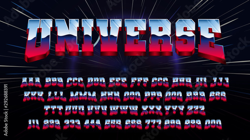 Retro futuristic latin font, letters and numbers with 80s metallic and shiny effect, Sci-Fi alphabet vector vintage metal, color gradient in vintage space style