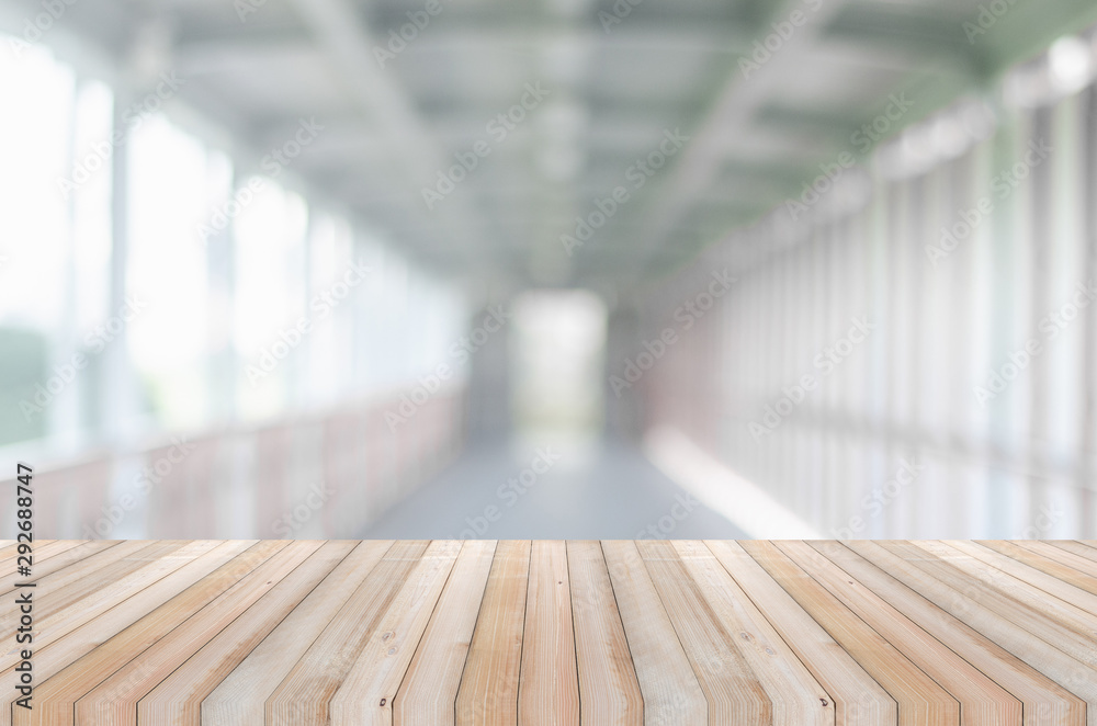 wooden table perspective counter front of blur walk way outdoor background. mock up for montage display product advertise banner.