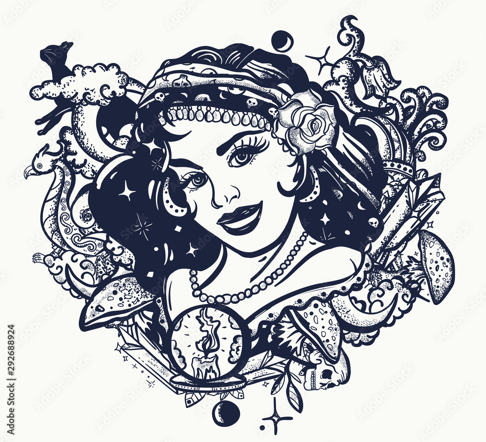 Gypsy fortune teller with crystal ball. Witch woman portrait. Dark fairy  tale art. Tattoo style Stock Vector | Adobe Stock