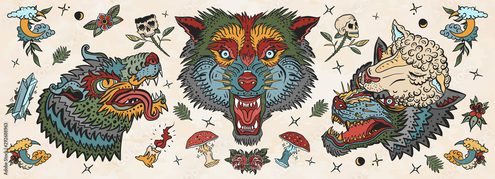 Wolf head. Old school tattoo collection. Werewolf in sheep clothing. Aggressive wolves traditional tattooing style Stock Vector | Adobe Stock Wolf head. Old school tattoo collection. Werewolf in sheep clothing. Aggressive wolves traditional tattooing style Stock Vector | Adobe Stock